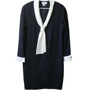 Ann Tjian For Kenar Vintage Black & White Pussycat Bow Dress 80s Shift Dress 14